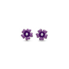Marvel Silver purple floral enamel stud earrings featuring a glossy five-petal flower design with a polished silver centre for women and girls.