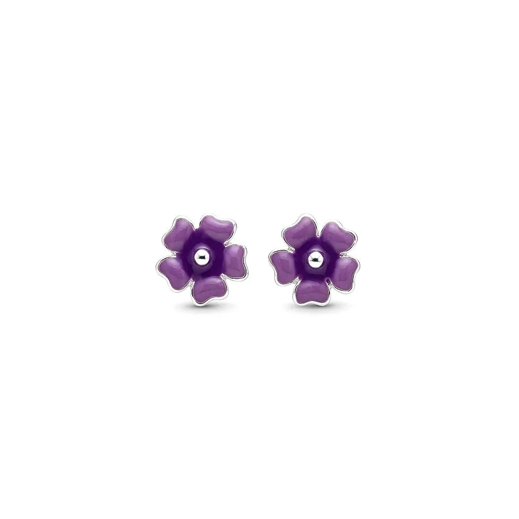 Marvel Silver purple floral enamel stud earrings featuring a glossy five-petal flower design with a polished silver centre for women and girls.