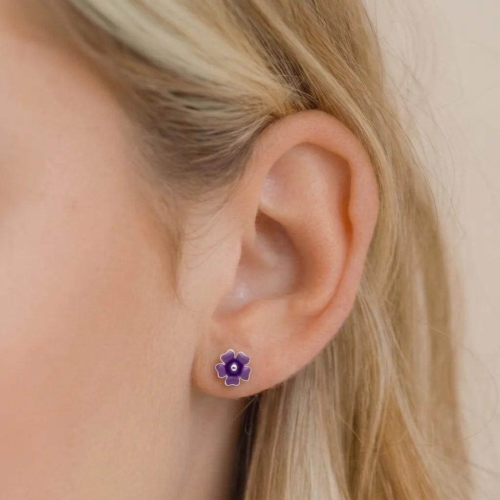 Marvel Silver purple floral enamel stud earrings featuring a glossy five-petal flower design with a polished silver centre for women and girls.
