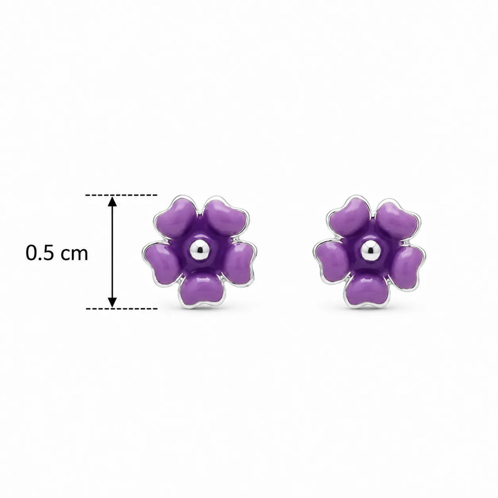 Marvel Silver purple floral enamel stud earrings featuring a glossy five-petal flower design with a polished silver centre for women and girls.