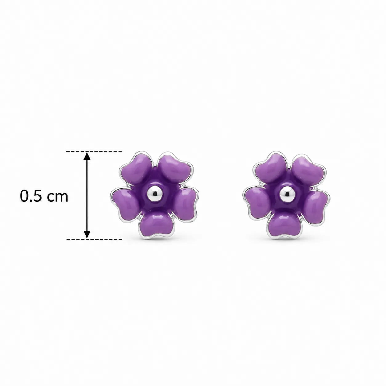 Marvel Silver purple floral enamel stud earrings featuring a glossy five-petal flower design with a polished silver centre for women and girls.