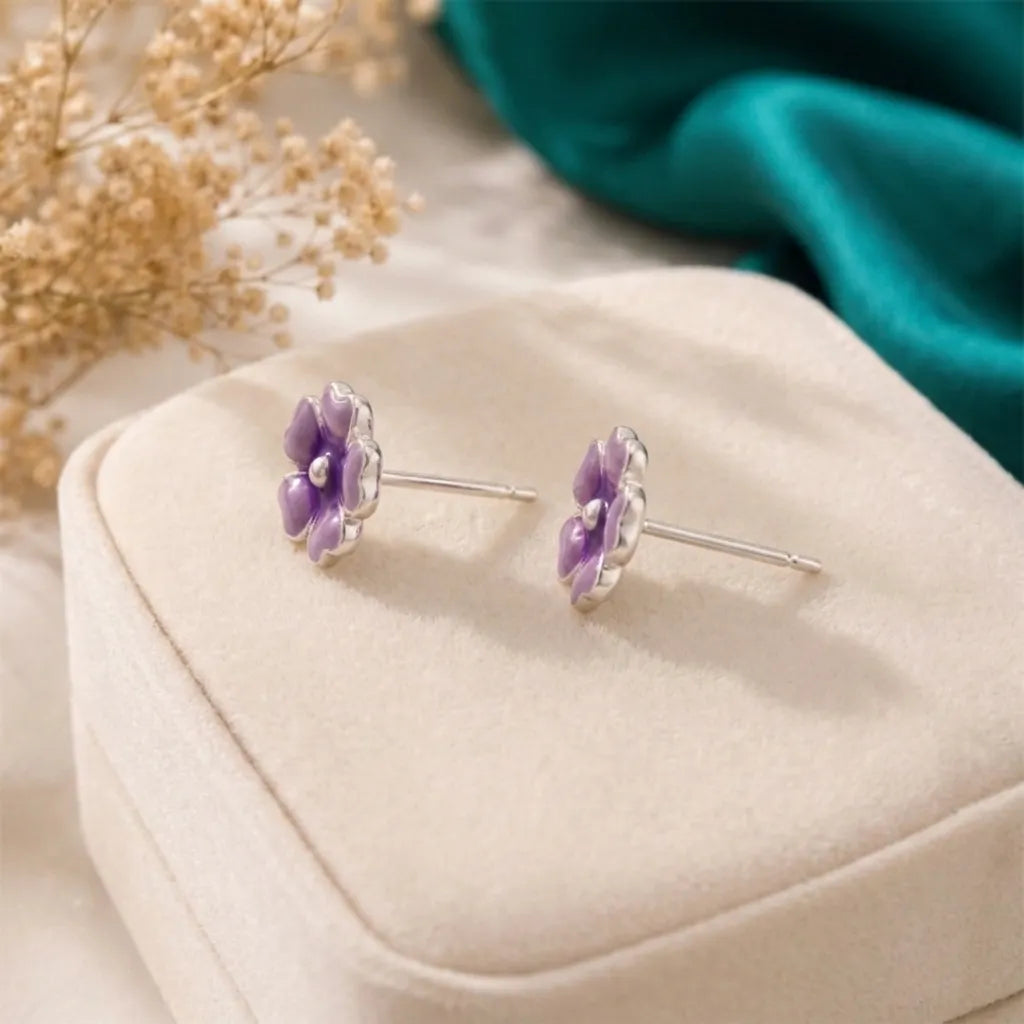 Marvel Silver purple floral enamel stud earrings featuring a glossy five-petal flower design with a polished silver centre for women and girls.