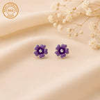 Marvel Silver purple floral enamel stud earrings featuring a glossy five-petal flower design with a polished silver centre for women and girls.