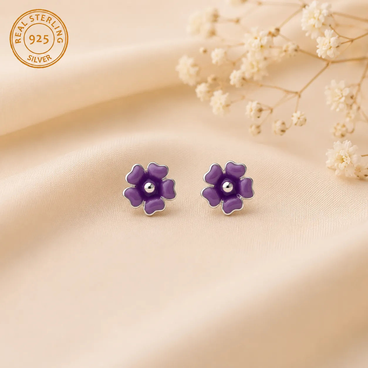 Marvel Silver purple floral enamel stud earrings featuring a glossy five-petal flower design with a polished silver centre for women and girls.