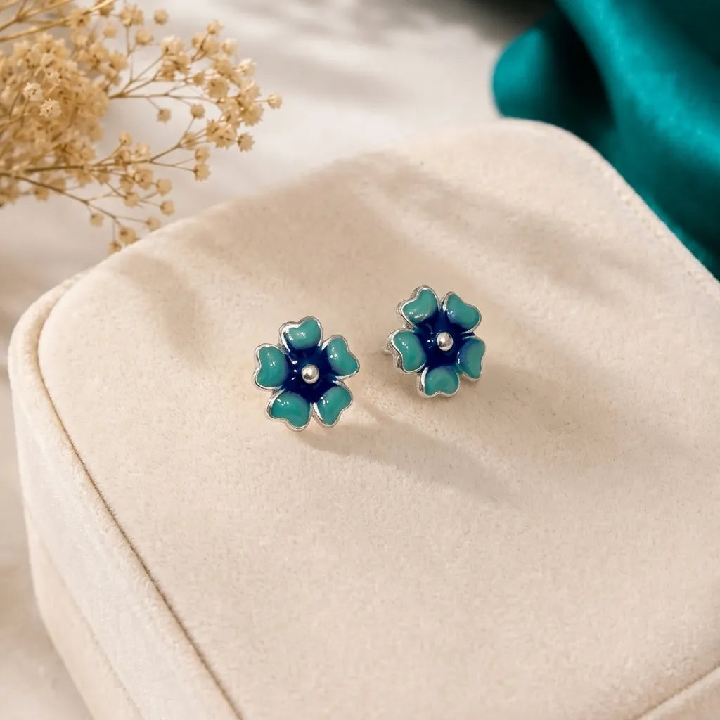 Marvel Silver purple floral enamel stud earrings featuring a glossy five-petal flower design with a polished silver centre for women and girls.