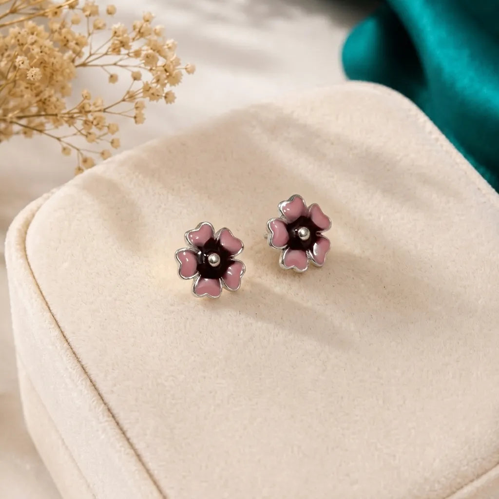Marvel Silver purple floral enamel stud earrings featuring a glossy five-petal flower design with a polished silver centre for women and girls.