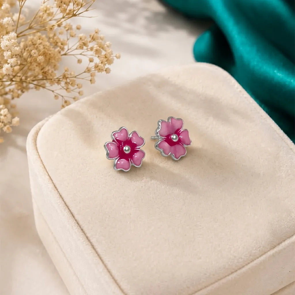 Marvel Silver purple floral enamel stud earrings featuring a glossy five-petal flower design with a polished silver centre for women and girls.