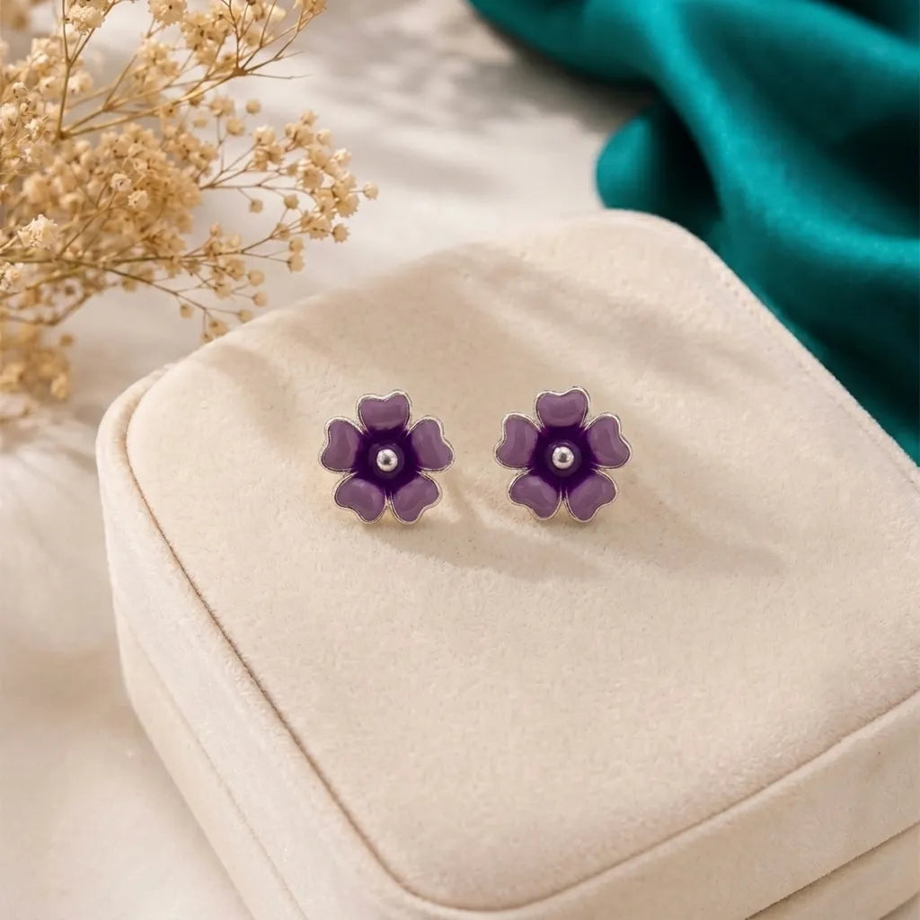 Marvel Silver purple floral enamel stud earrings featuring a glossy five-petal flower design with a polished silver centre for women and girls.