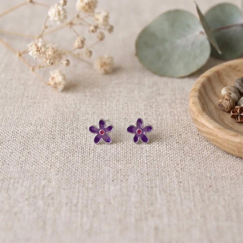 Marvel Silver purple floral enamel stud earrings for women and girls featuring a five-petal flower design with a pink centre and premium silver-plated finish.