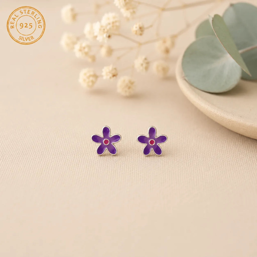 Marvel Silver purple floral enamel stud earrings for women and girls featuring a five-petal flower design with a pink centre and premium silver-plated finish.