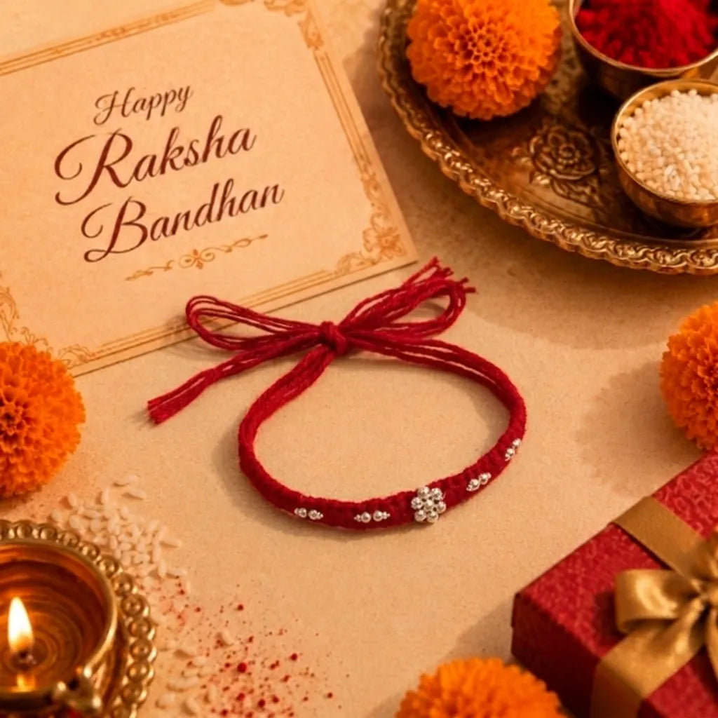 Silver Minimal Floral Red Thread Rakhi for Brother