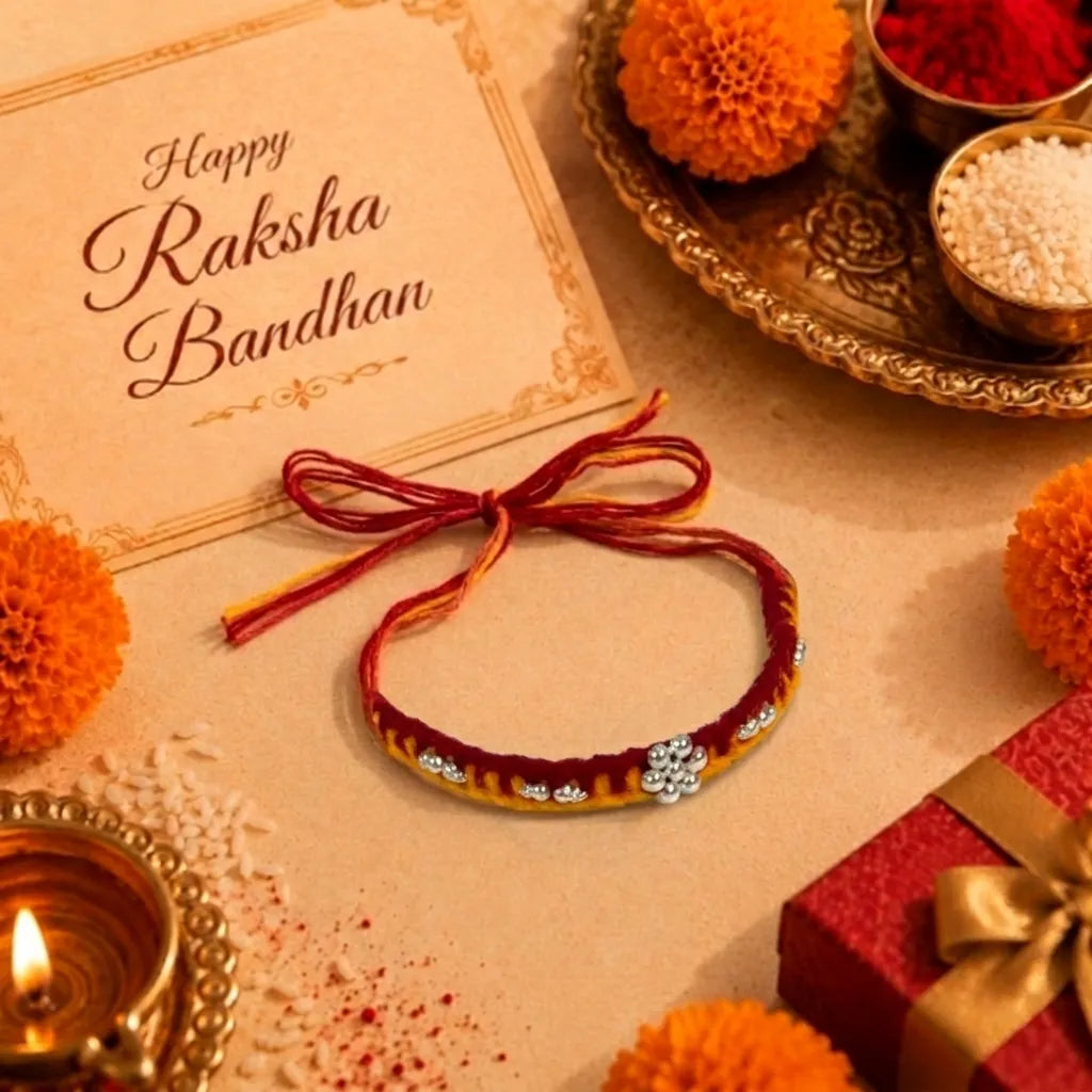 Silver Yellow Red Floral Bead Rakhi for Brother
