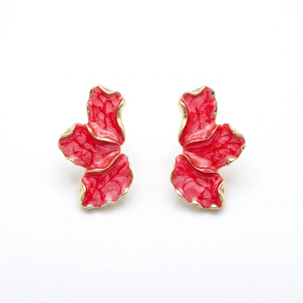 Marvel Silver Red Enamel Abstract Floral Stud Earrings with Gold-Tone Finish for Women