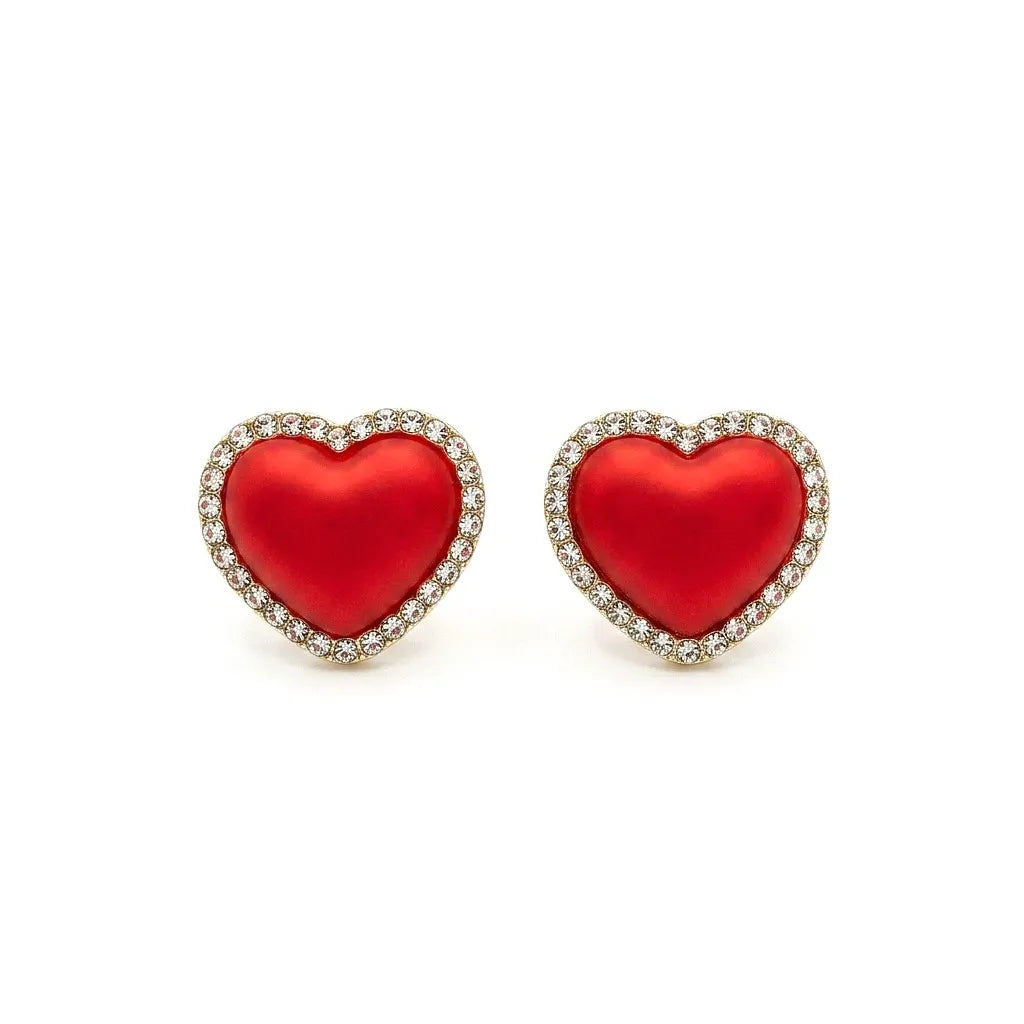 Marvel Silver Red Heart Crystal Stud Earrings with Gold-Tone Crystal Border for Women