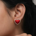 Marvel Silver Red Heart Crystal Stud Earrings with Gold-Tone Crystal Border for Women