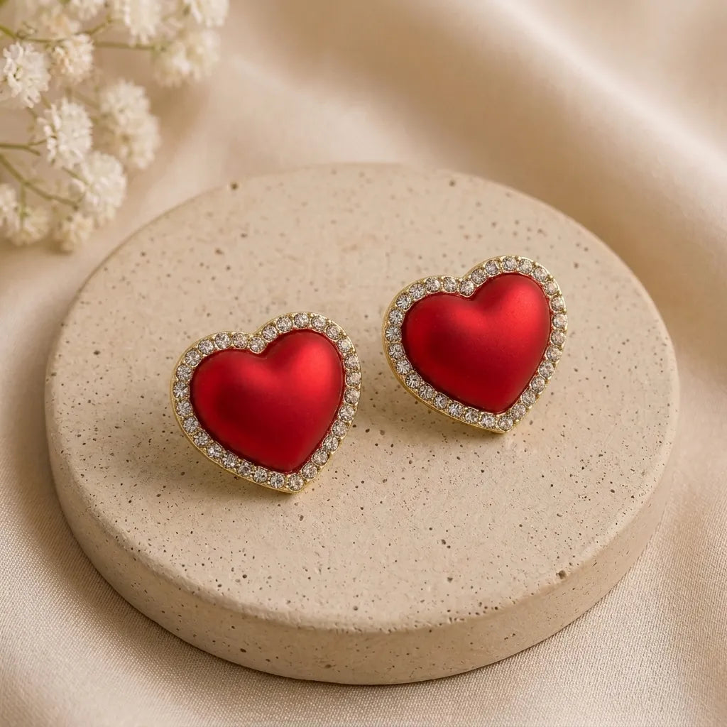 Marvel Silver Red Heart Crystal Stud Earrings with Gold-Tone Crystal Border for Women