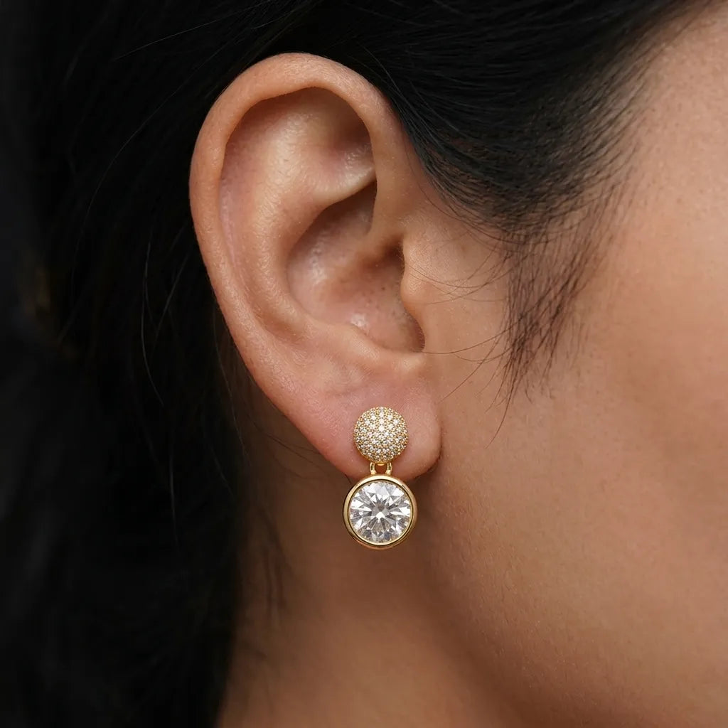 Luxury Gold Finish Round Solitaire CZ Drop Earrings for Women by Marvel Silver