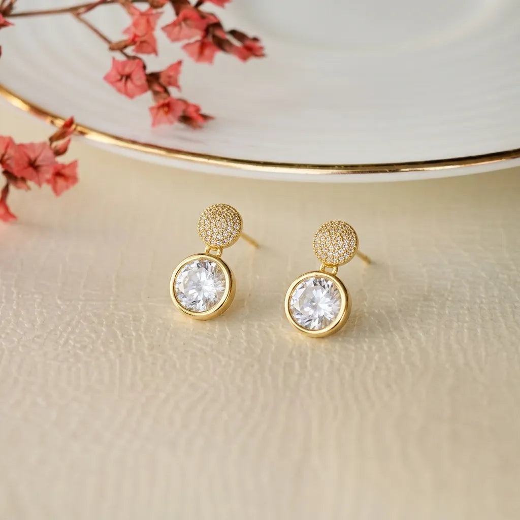 Luxury Gold Finish Round Solitaire CZ Drop Earrings for Women by Marvel Silver