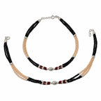 Marvel Silver Royal Black and Rose Gold Layered Silver Anklet for women with black beads, rose gold tone beads, red accents and silver detailing