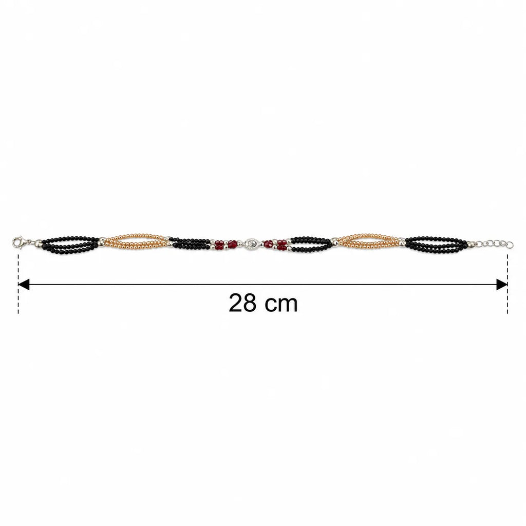 Marvel Silver Royal Black and Rose Gold Layered Silver Anklet for women with black beads, rose gold tone beads, red accents and silver detailing