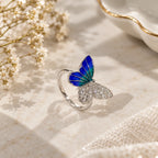 Marvel Silver Royal Blue Enamel Butterfly Sparkle Silver Ring for girls with blue teal wing and sparkling white crystal accents