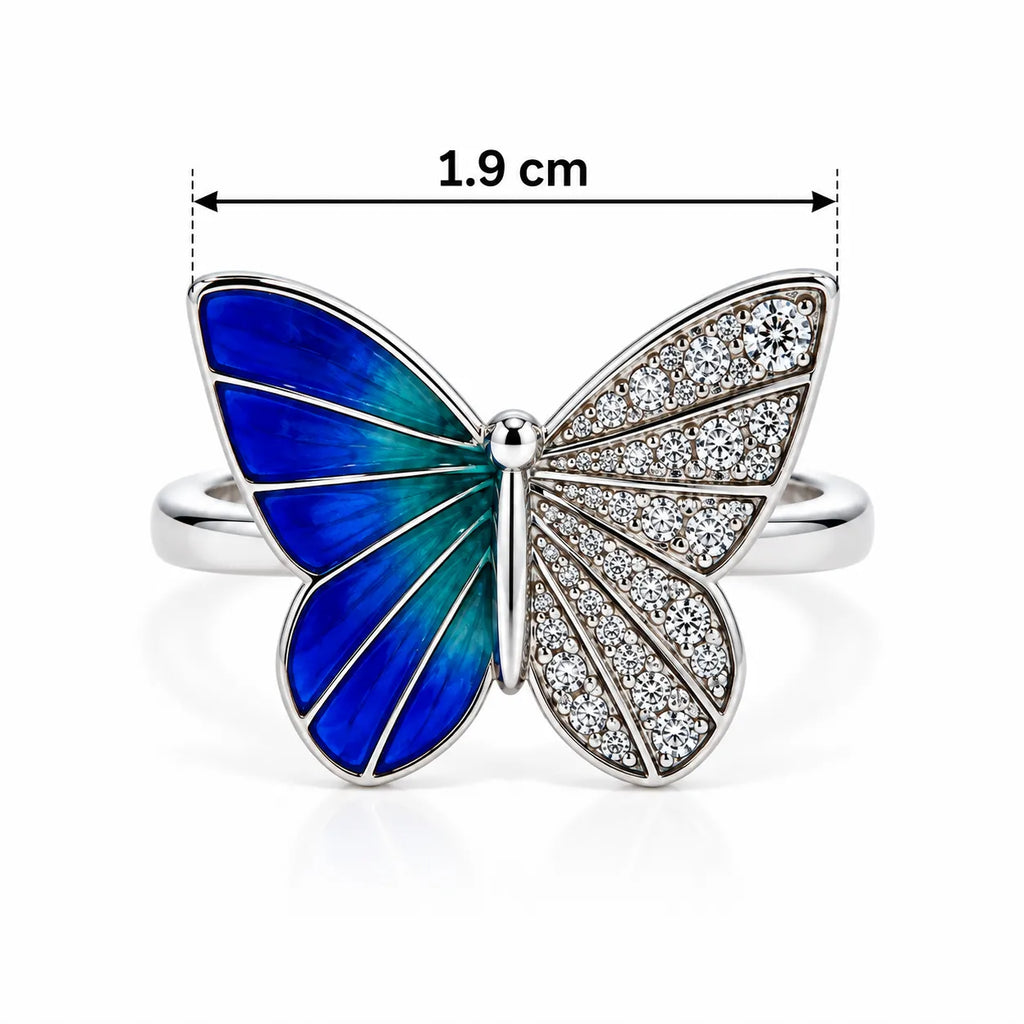 Marvel Silver Royal Blue Enamel Butterfly Sparkle Silver Ring for girls with blue teal wing and sparkling white crystal accents