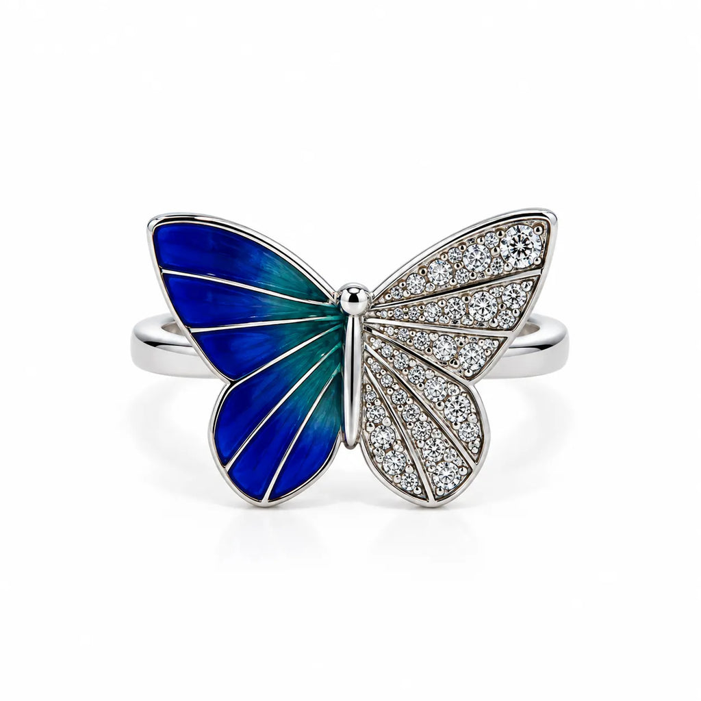 Marvel Silver Royal Blue Enamel Butterfly Sparkle Silver Ring for girls with blue teal wing and sparkling white crystal accents