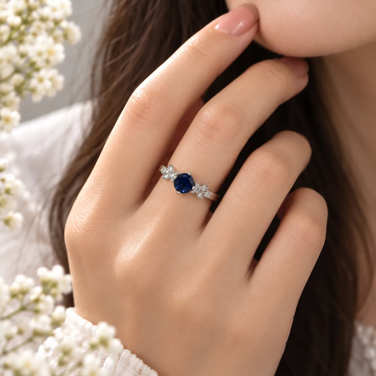 Marvel Silver Royal Blue Sapphire Leaf Accent Silver Ring with round blue center stone and sparkling white leaf detailing