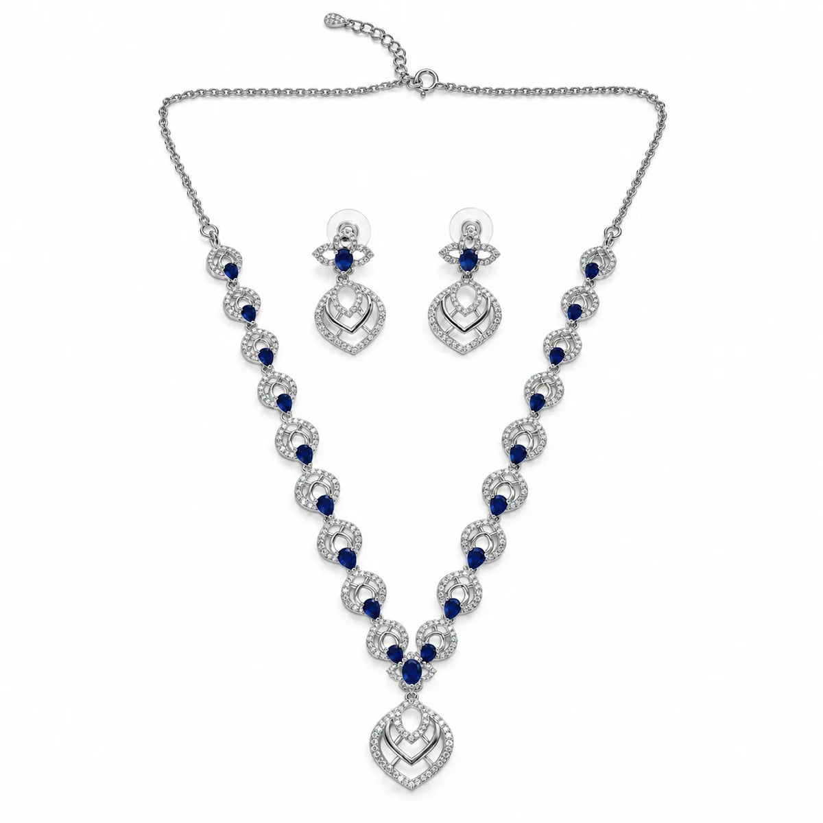 Marvel Silver Royal Blue Stone Leaf Design Silver Necklace Set with Matching Earrings for Women