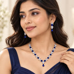 Marvel Silver Royal Blue Teardrop Stone Silver Necklace Set with Matching Earrings for Women