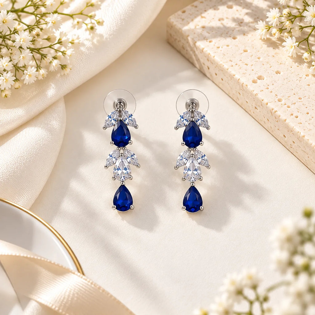 Marvel Silver Royal Blue Teardrop Stone Silver Necklace Set with Matching Earrings for Women