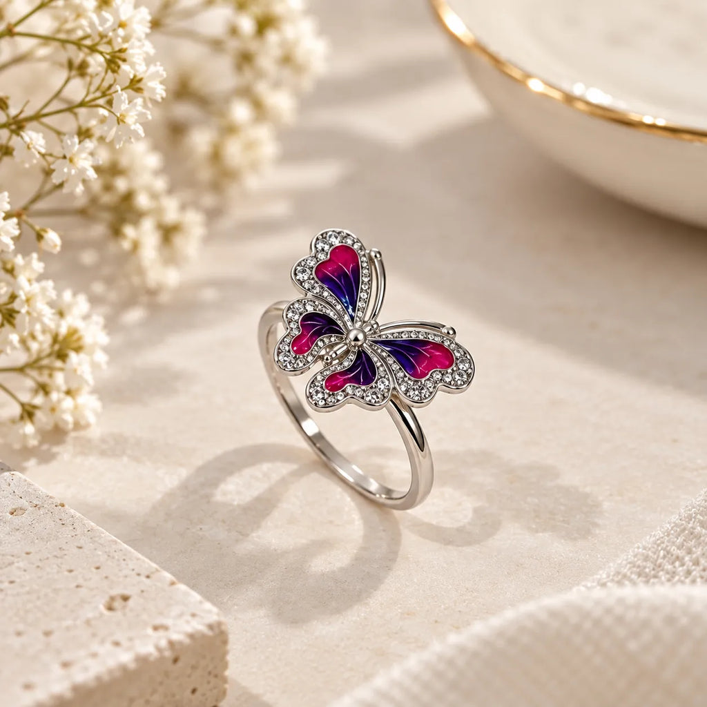 Marvel Silver Royal Fuchsia Butterfly Sparkle Silver Ring for girls with pink purple butterfly wings and sparkling white crystal accents