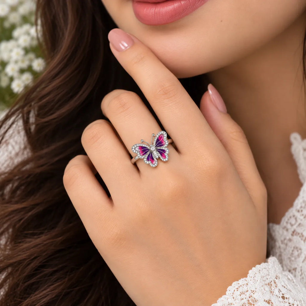 Marvel Silver Royal Fuchsia Butterfly Sparkle Silver Ring for girls with pink purple butterfly wings and sparkling white crystal accents
