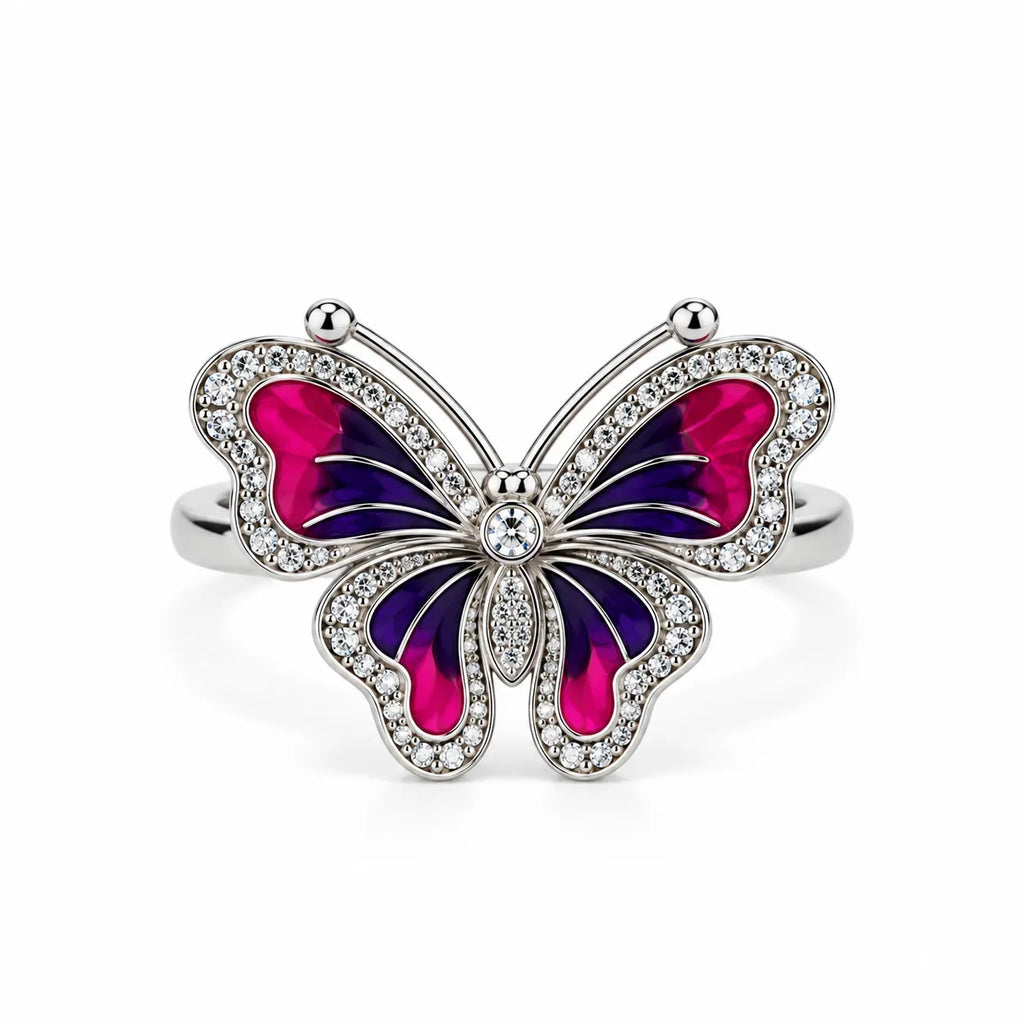Marvel Silver Royal Fuchsia Butterfly Sparkle Silver Ring for girls with pink purple butterfly wings and sparkling white crystal accents