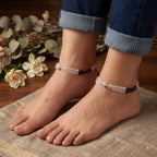 Marvel Silver Royal Red Blue and Crystal Layered Silver Anklet for women with multi-strand beads, silver accents and adjustable chain