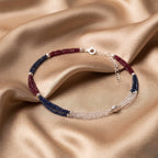 Marvel Silver Royal Red Blue and Crystal Layered Silver Anklet for women with multi-strand beads, silver accents and adjustable chain