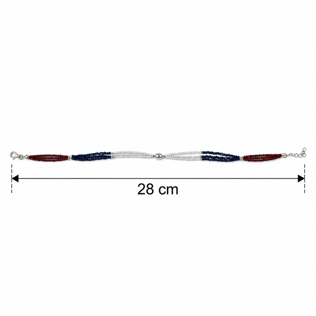 Marvel Silver Royal Red Blue and Crystal Layered Silver Anklet for women with multi-strand beads, silver accents and adjustable chain