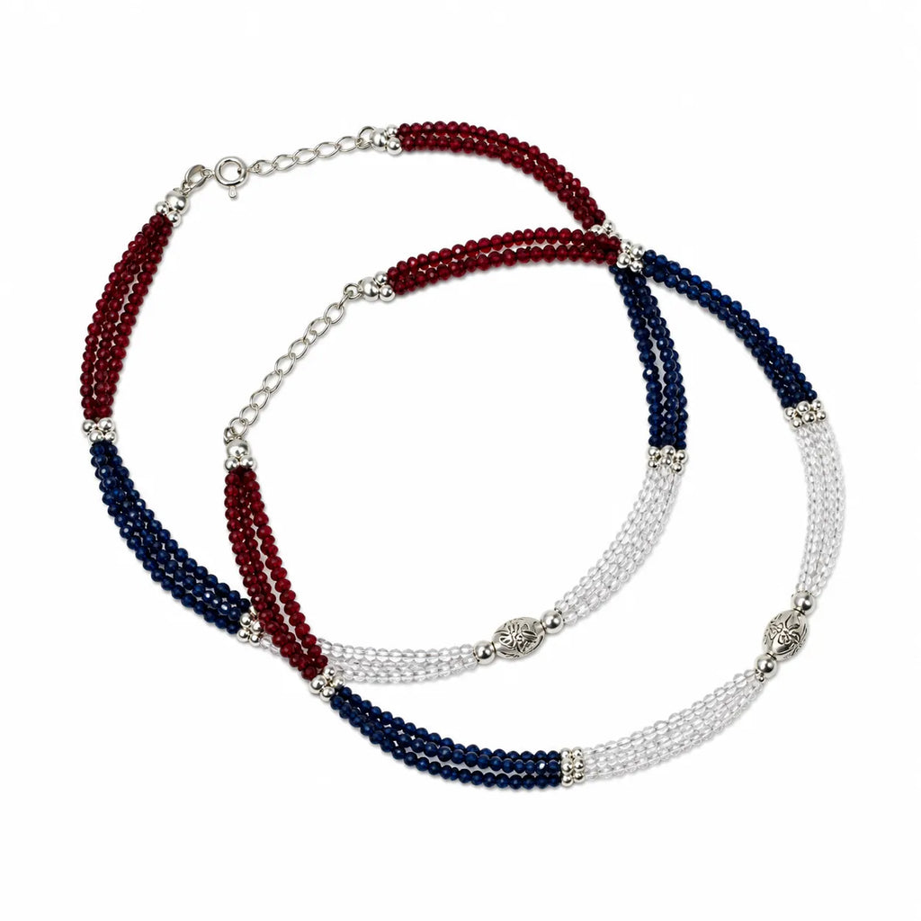 Marvel Silver Royal Red Blue and Crystal Layered Silver Anklet for women with multi-strand beads, silver accents and adjustable chain
