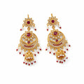 Gold polish ruby stone chandbali jhumka earrings with pearl drops by Marvel Silver
