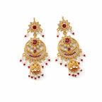 Gold polish ruby stone chandbali jhumka earrings with pearl drops by Marvel Silver