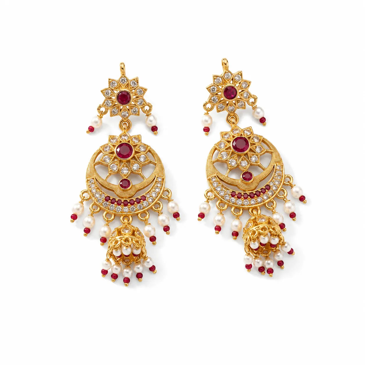 Gold polish ruby stone chandbali jhumka earrings with pearl drops by Marvel Silver