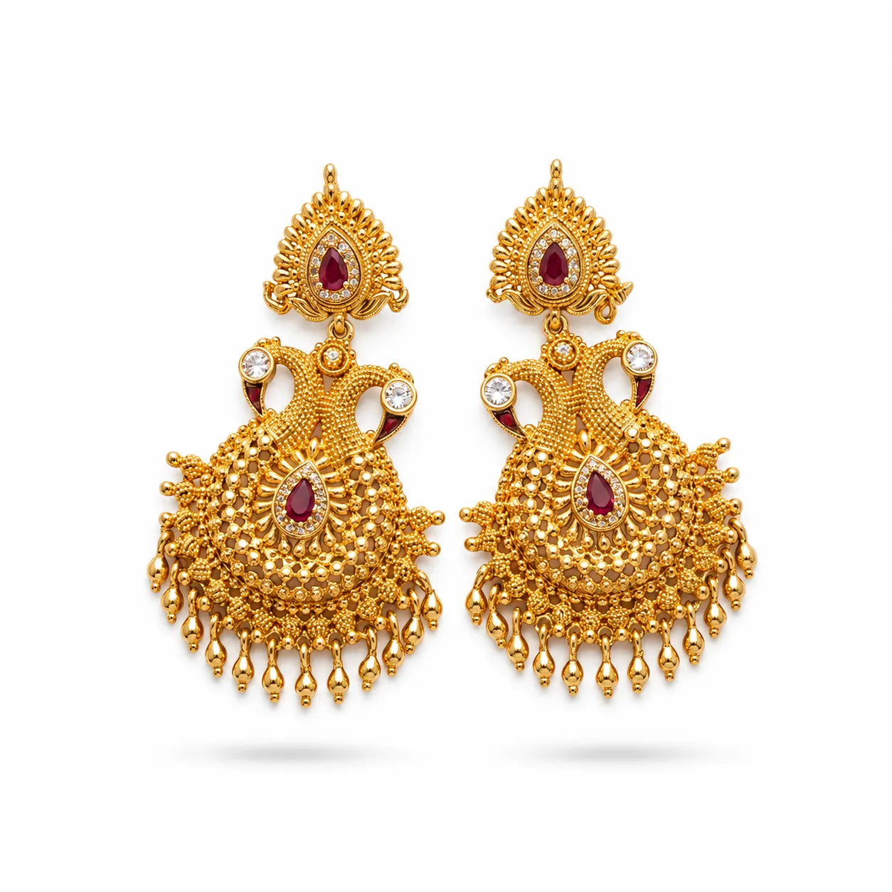 Gold polish ruby stone designer chandelier jhumka earrings for women by Marvel Silver
