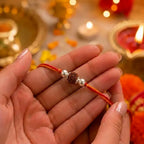 Marvel Silver Rudraksha Rakhi featuring a sacred Rudraksha bead, premium silver beads, and a traditional red-orange thread for Raksha Bandhan celebration.