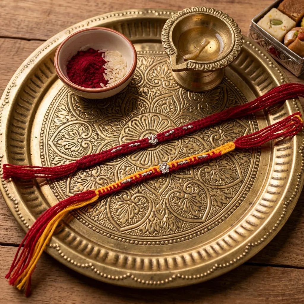 Silver Minimal Floral Red Thread Rakhi for Brother
