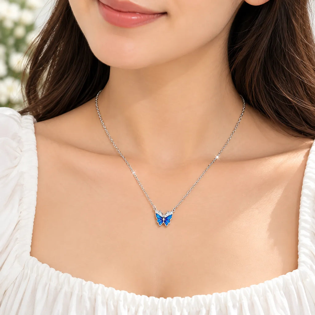 Marvel Silver Sapphire Spark Butterfly Silver Chain Pendant with Blue Wings and Sparkling Accents for Girls and Women