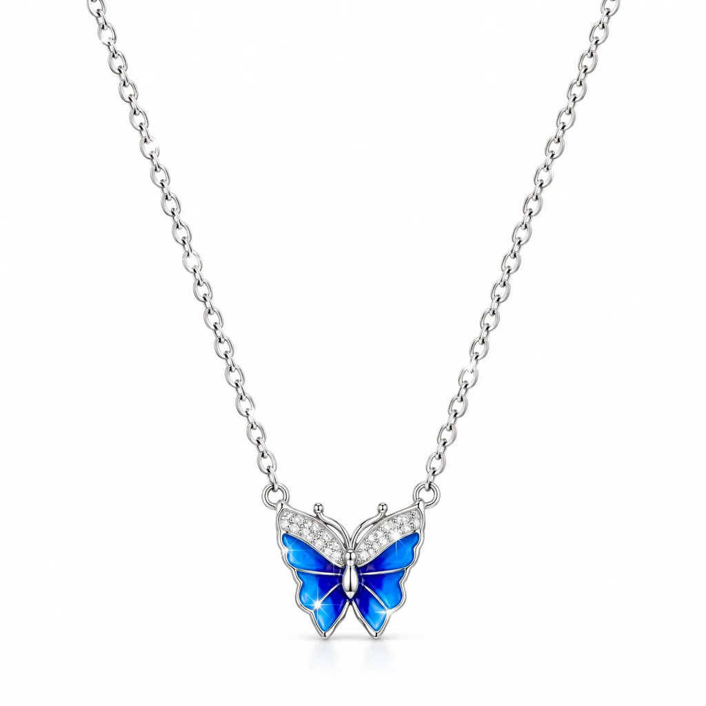 Marvel Silver Sapphire Spark Butterfly Silver Chain Pendant with Blue Wings and Sparkling Accents for Girls and Women