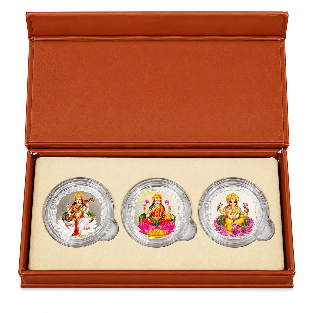 Marvel Silver Saraswati Lakshmi Ganesh Silver Coin Set of 3 Featuring Colourful Goddess Saraswati, Goddess Lakshmi and Lord Ganesha Designs