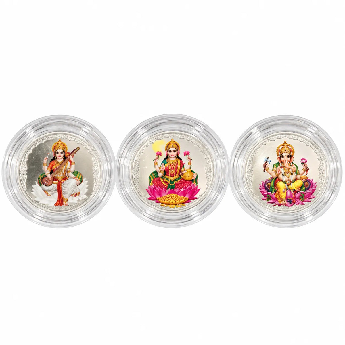 Marvel Silver Saraswati Lakshmi Ganesh Silver Coin Set of 3 Featuring Colourful Goddess Saraswati, Goddess Lakshmi and Lord Ganesha Designs