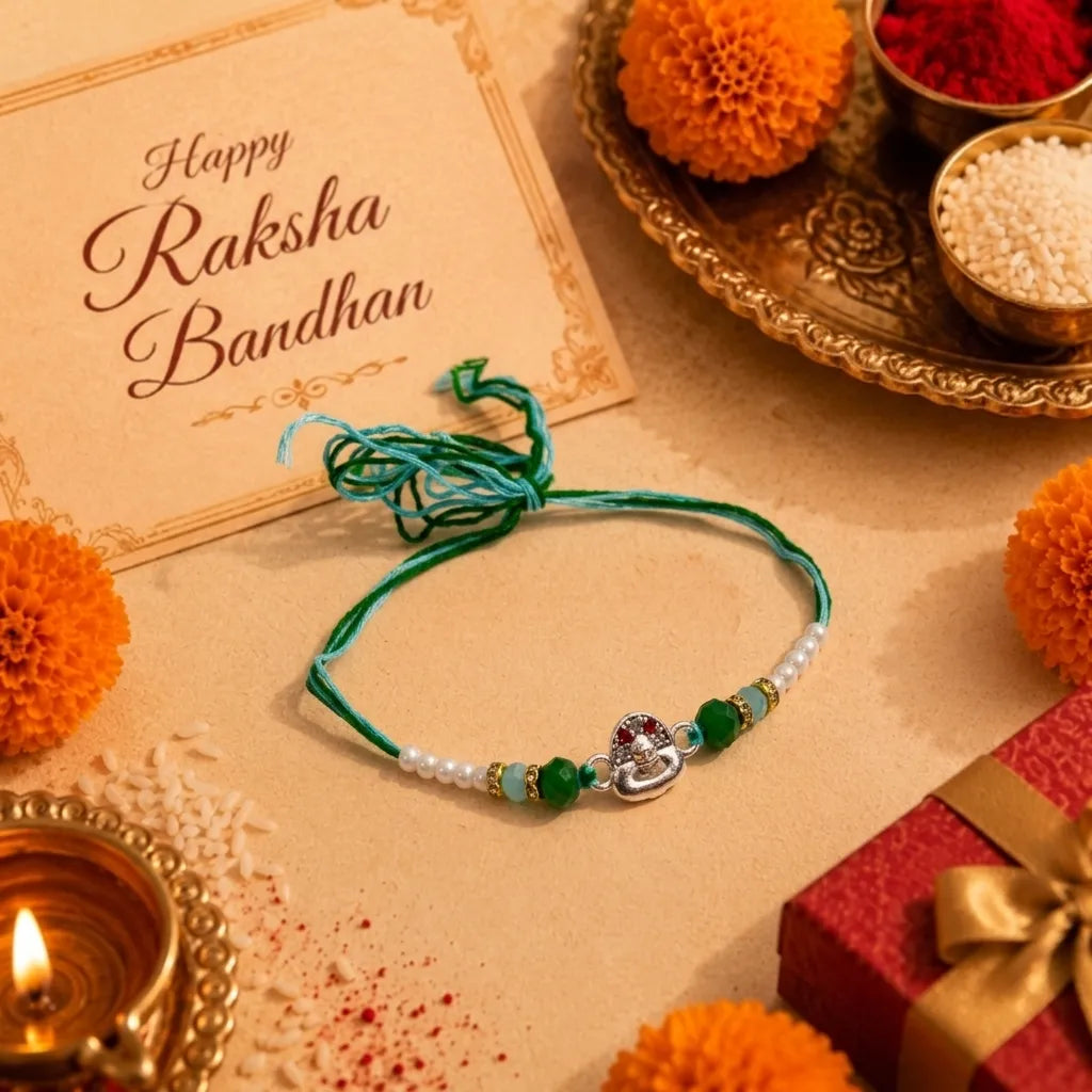 Marvel Silver Shiv Ling Silver Rakhi with Green Crystal Beads, White Pearl Beads and Sparkling Shiv Ling Charm for Raksha Bandhan