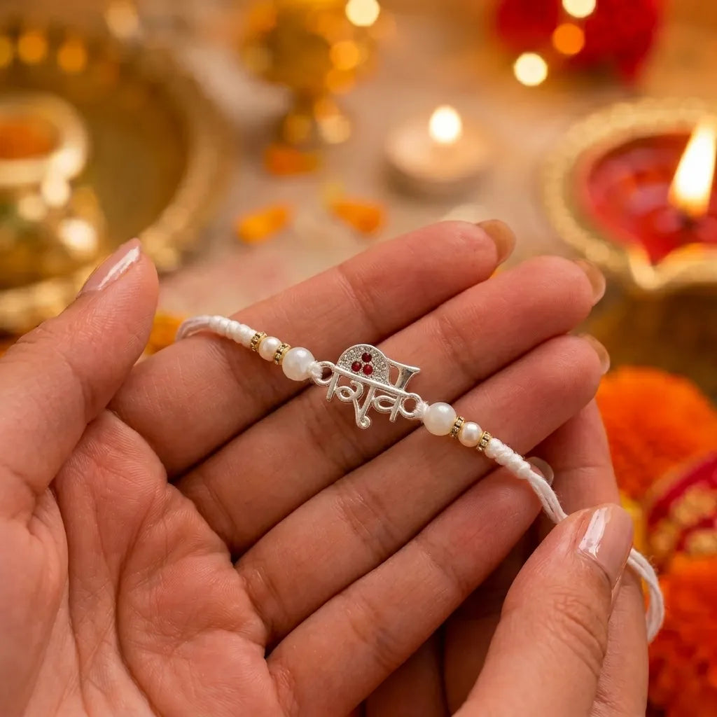 Marvel Silver Shiv Silver Rakhi with White Crystal Beads, Pearl Beads and Silver Shiv Symbol for Raksha Bandhan